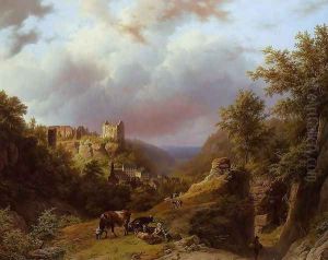 Countryfolk, Cattle and Goats on a Mountain Path with a Village Beyond
