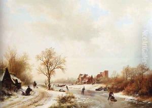 Winterlandschap: A Winter Landscape With Skaters On A Frozen Waterway And Peasants By A Farm In The Foreground by Barend Cornelis Koekkoek