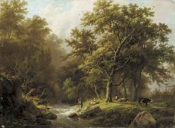 Bosch en heuvelachtig landschap met een stroomende beek a peasant and cattle resting by a wooded stream - view 1