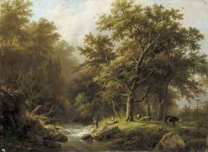 Bosch en heuvelachtig landschap met een stroomende beek a peasant and cattle resting by a wooded stream by Barend Cornelis Koekkoek