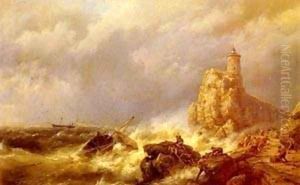 Fishing Boats Off The Coast At Dusk by Barend Cornelis Koekkoek