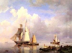 Vessels At Anchor In Estuary With Fisherman