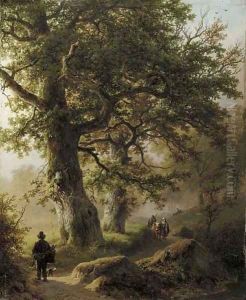 Boschgezigt bij morgenstond travellers on a forest path by Barend Cornelis Koekkoek