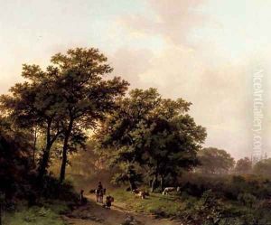 Travellers on a wooded path at sunrise by Barend Cornelis Koekkoek
