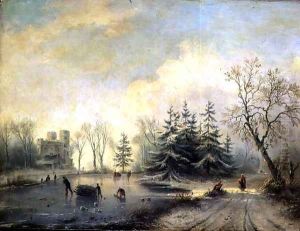 Trees, Castle and skating figures by Barend Cornelis Koekkoek
