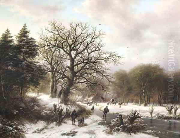 A winter landscape with wood gatherers and skaters - view 1