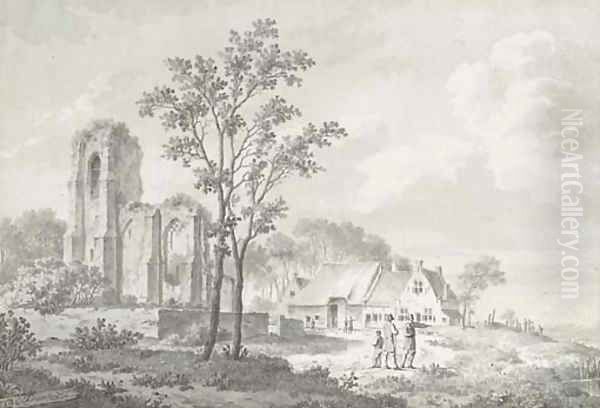 Figures conversing by a farmhouse and a ruin - view 1