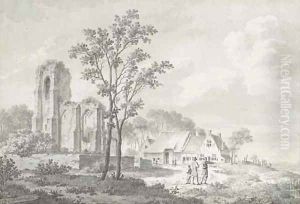 Figures conversing by a farmhouse and a ruin by Barend Cornelis Koekkoek