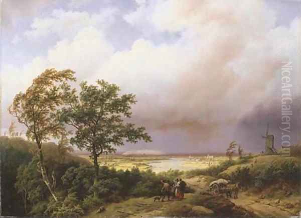 Gelders landschap bij afdrijvende donderbuij en brand in de verte a panoramic view of a valley with Schloss Moyland in the background - view 1