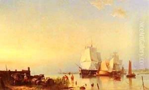 Three Mast Ships At Anchor by Barend Cornelis Koekkoek