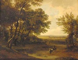 Travellers in a wooded landscape by Barend Cornelis Koekkoek