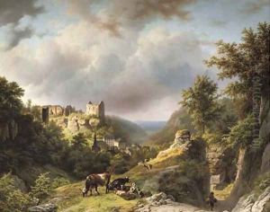 Figures on a mountain pass with the village and the Chateau of Larochette in the distance, Luxembourg by Barend Cornelis Koekkoek