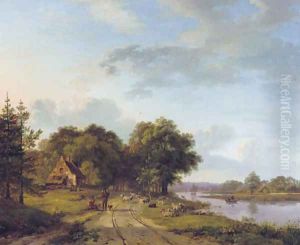 Shepherds with their flock along a calm sunlit river Shepherds with their flock along a calm sunlit river