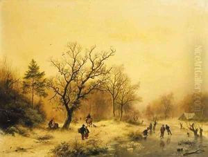 A snow-covered forest with skaters on a frozen waterway by Barend Cornelis Koekkoek