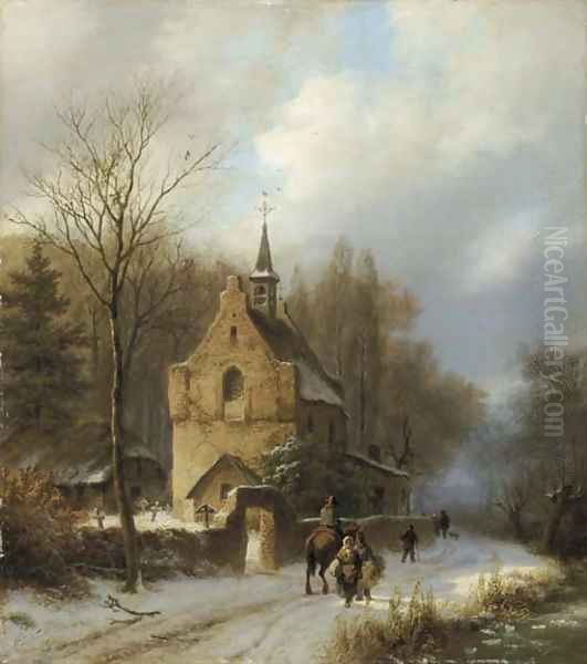 Een boomrijk landschap met een kapel bij winter peasants passing a chapel in winter - view 1