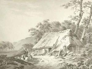 Harvesters resting near a shed by Barend Cornelis Koekkoek