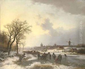 Late afternoon with numerous skaters by a town by Barend Cornelis Koekkoek