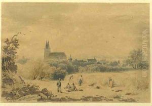 A panoramic view of a town in a valley by Barend Cornelis Koekkoek