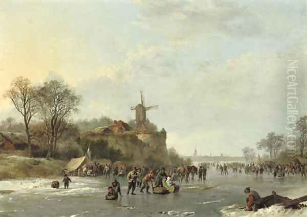 An extensive winter landscape with numerous figures by a 'koek en zopie', an iceskating race in the distance - view 1