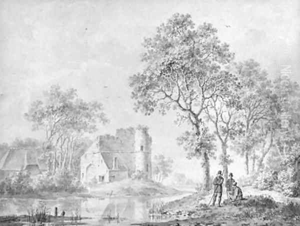 Travellers resting on a riverbank, a ruined fortress in the background - view 1