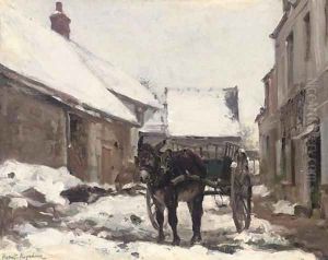 A donkey and cart at a farmhouse in winter by Konstantin Alexeievitch Korovin