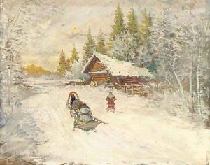 A winter scene with a horse-drawn sled