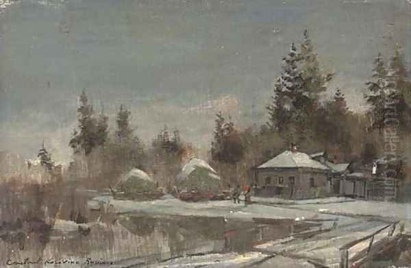 A Russian riverside village in winter - view 1