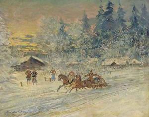 A troika in the snow by Konstantin Alexeievitch Korovin