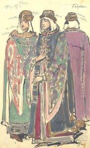 Two groups of costume designs for Khovanshchina Male and female boyars by Konstantin Alexeievitch Korovin