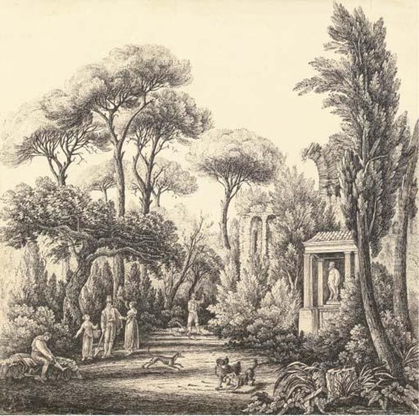 Elegant Figures With Their Dogs In An Italianate Park - view 1