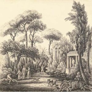 Elegant Figures With Their Dogs In An Italianate Park by Harriet Cheney