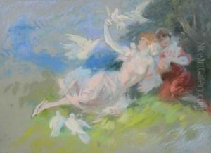 Elegantes Aux Colombes Dans Un Paysage Bucolique by Jules Cheret