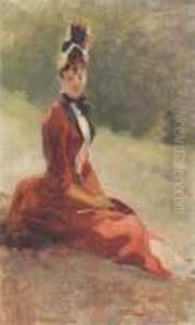 Elegant Lady Seated In Red by Jules Cheret