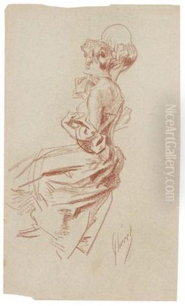 Femme Assise De Profil En Robe Longue Et Chapeau - view 1