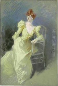 Portrait De Femme A La Robe Jaune by Jules Cheret