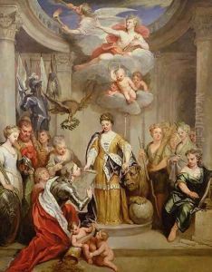 Queen Anne presenting plans of Blenheim to military Merit by Sir Godfrey Kneller