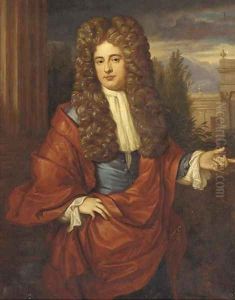 Portrait of a gentleman, half-length, in a blue jacket and red cloak, with a building beyond