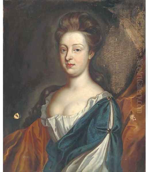 Portrait of a lady, half-length, wearing a blue and white dress with a gold wrap - view 1