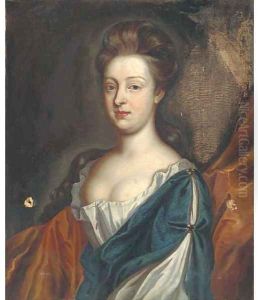 Portrait of a lady, half-length, wearing a blue and white dress with a gold wrap
