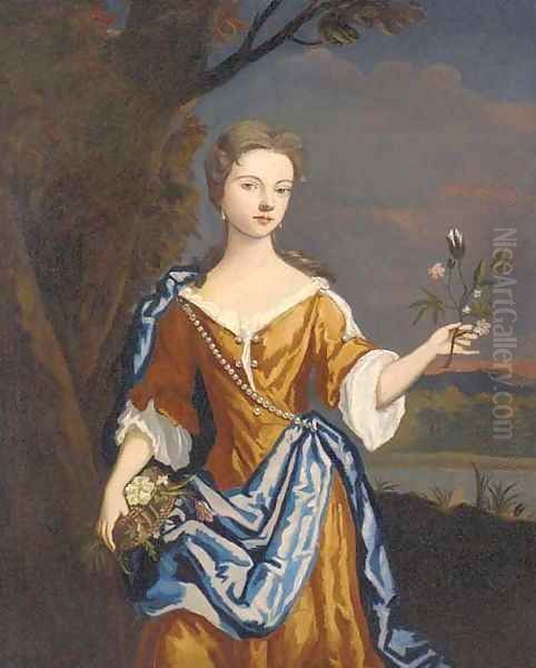Portrait of a lady, three-quarter-length, in an orange dress and blue wrap, holding a sprig of flowers in her left hand - view 1