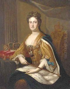 Portrait of Queen Anne (1665-1714), seated three-quarter-length, in coronation robes by Sir Godfrey Kneller
