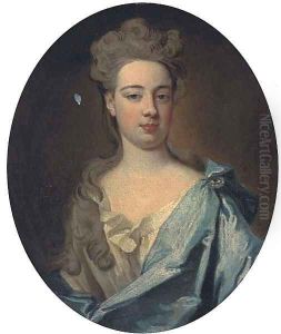 Portrait of a lady, bust-length, in a grey dress and blue mantle by Sir Godfrey Kneller
