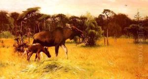 Moose with her Calf in a Landscape by Wilhelm Kuhnert