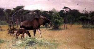 Moose with her Calf in a Landscape 2 by Wilhelm Kuhnert