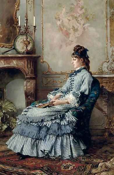 A seated girl in an elegant blue dress - view 1