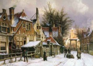 A Townview with Figures on a Snow Covered Street by Willem Koekkoek