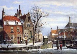 A View in a Town in Winter with Skaters on a Frozen Canal