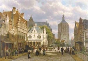 A capriccio view of a sunlit town square with numerous figures