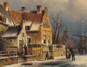 Houses along a canal in winter by Willem Koekkoek