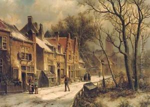 Villagers in a snow-covered Dutch town by Willem Koekkoek